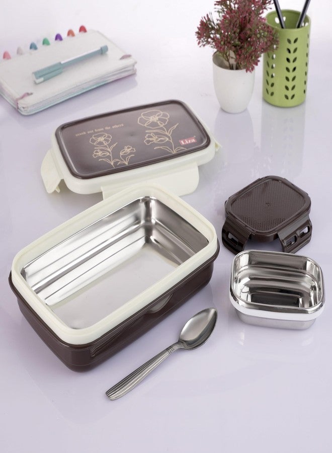 نابيا علبة طعام نابيا سناك برو المعزولة المصنوعة من الفولاذ المقاوم للصدأ للأطفال، علبة طعام داخلية من الفولاذ مع ملعقة للأولاد والبنات والمدرسة، خالية من مادة BPA ومقاومة للتسرب، سعة 850 مل (بني) - Image 1